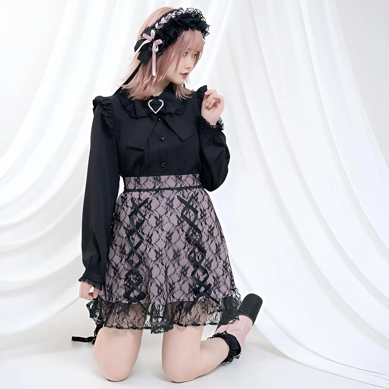 Lolita Peter Pan Collar Victorian Blouse Women Lace Long Sleeve Shirt Gothic Kawaii Vintage Ruffle Bow Top