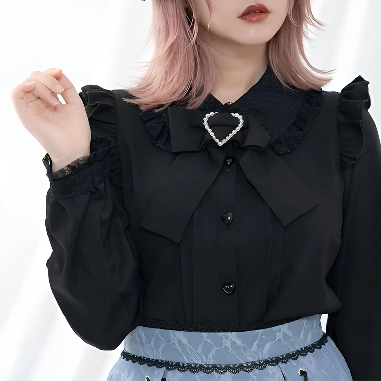 Lolita Peter Pan Collar Victorian Blouse Women Lace Long Sleeve Shirt Gothic Kawaii Vintage Ruffle Bow Top
