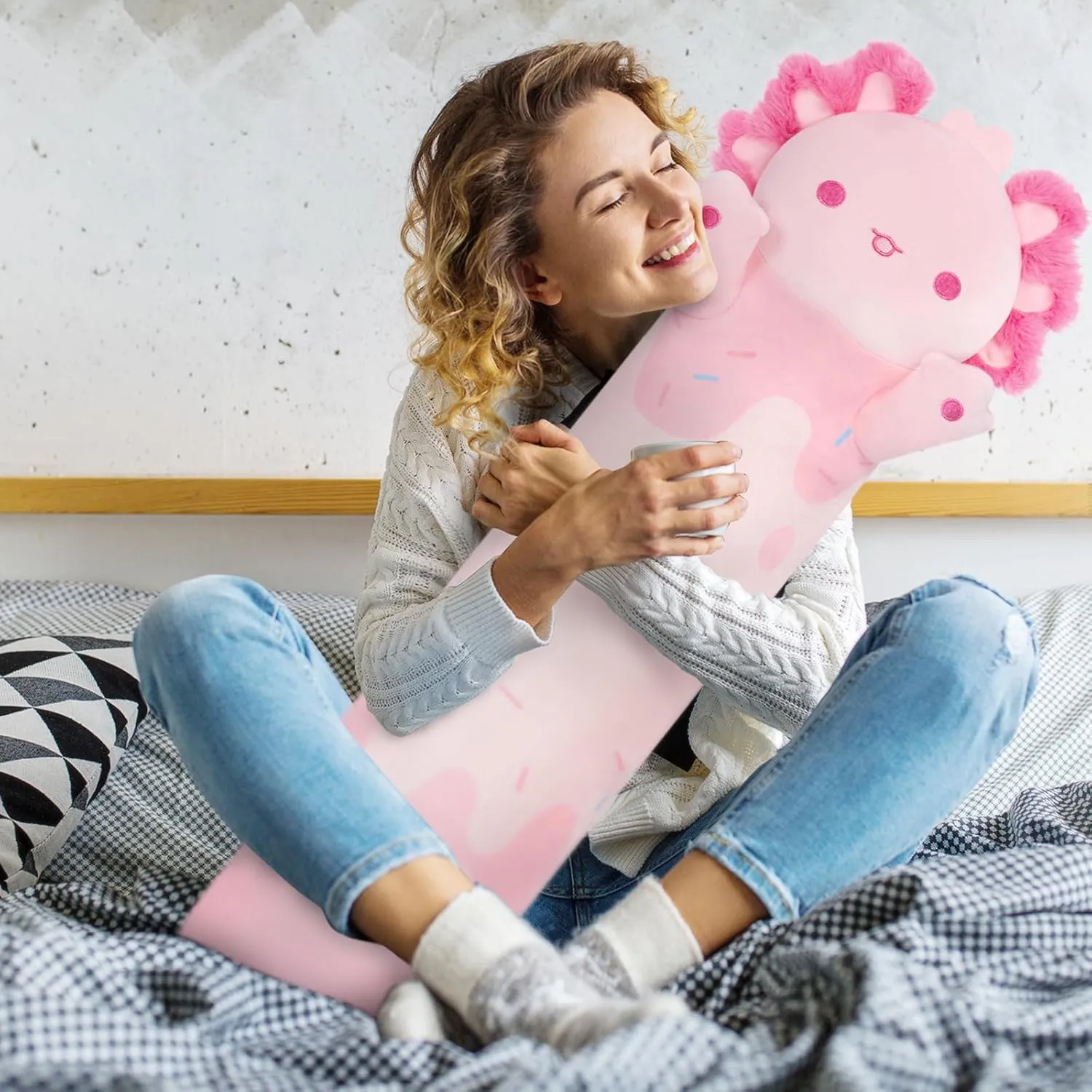 Long Axolotl Plush 5 Sizes, 120% Extra Filling Giant Plushness Kids Body Pillow, Kawaii Cute Pink Axolotl Stuffed Animals Plushies, Big Long Body Pillow Cat Plush Gift for Girls 20”