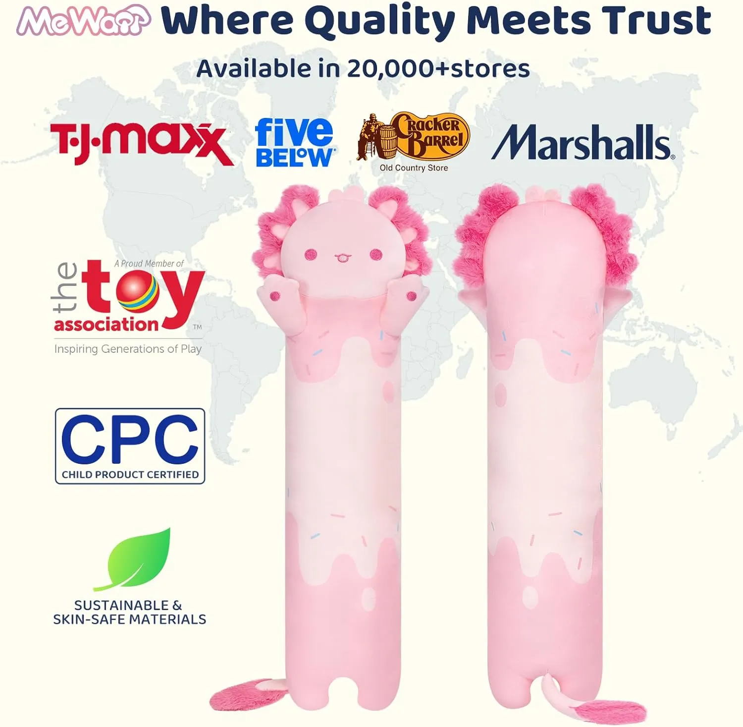 Long Axolotl Plush 5 Sizes, 120% Extra Filling Giant Plushness Kids Body Pillow, Kawaii Cute Pink Axolotl Stuffed Animals Plushies, Big Long Body Pillow Cat Plush Gift for Girls 20”