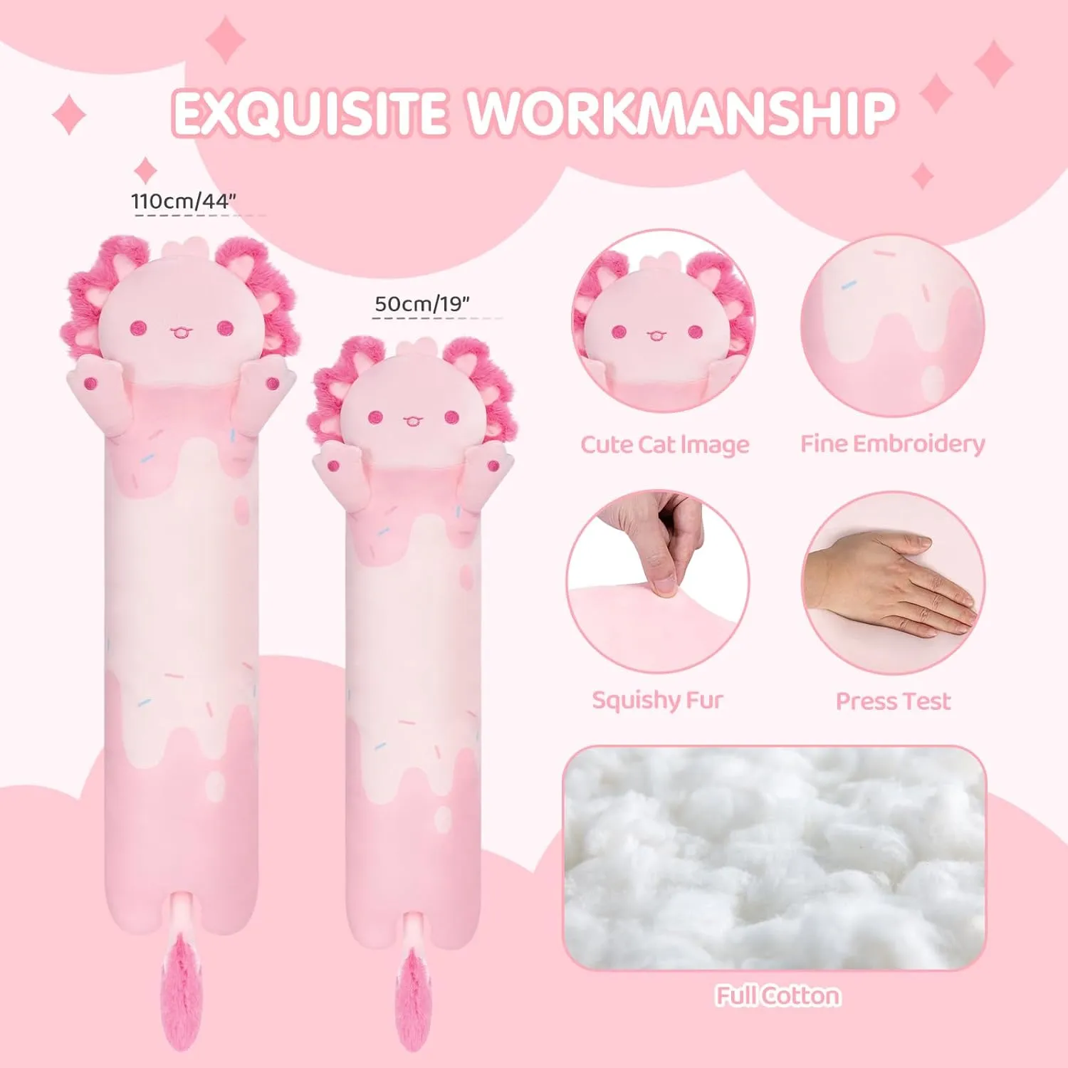 Long Axolotl Plush 5 Sizes, 120% Extra Filling Giant Plushness Kids Body Pillow, Kawaii Cute Pink Axolotl Stuffed Animals Plushies, Big Long Body Pillow Cat Plush Gift for Girls 20”