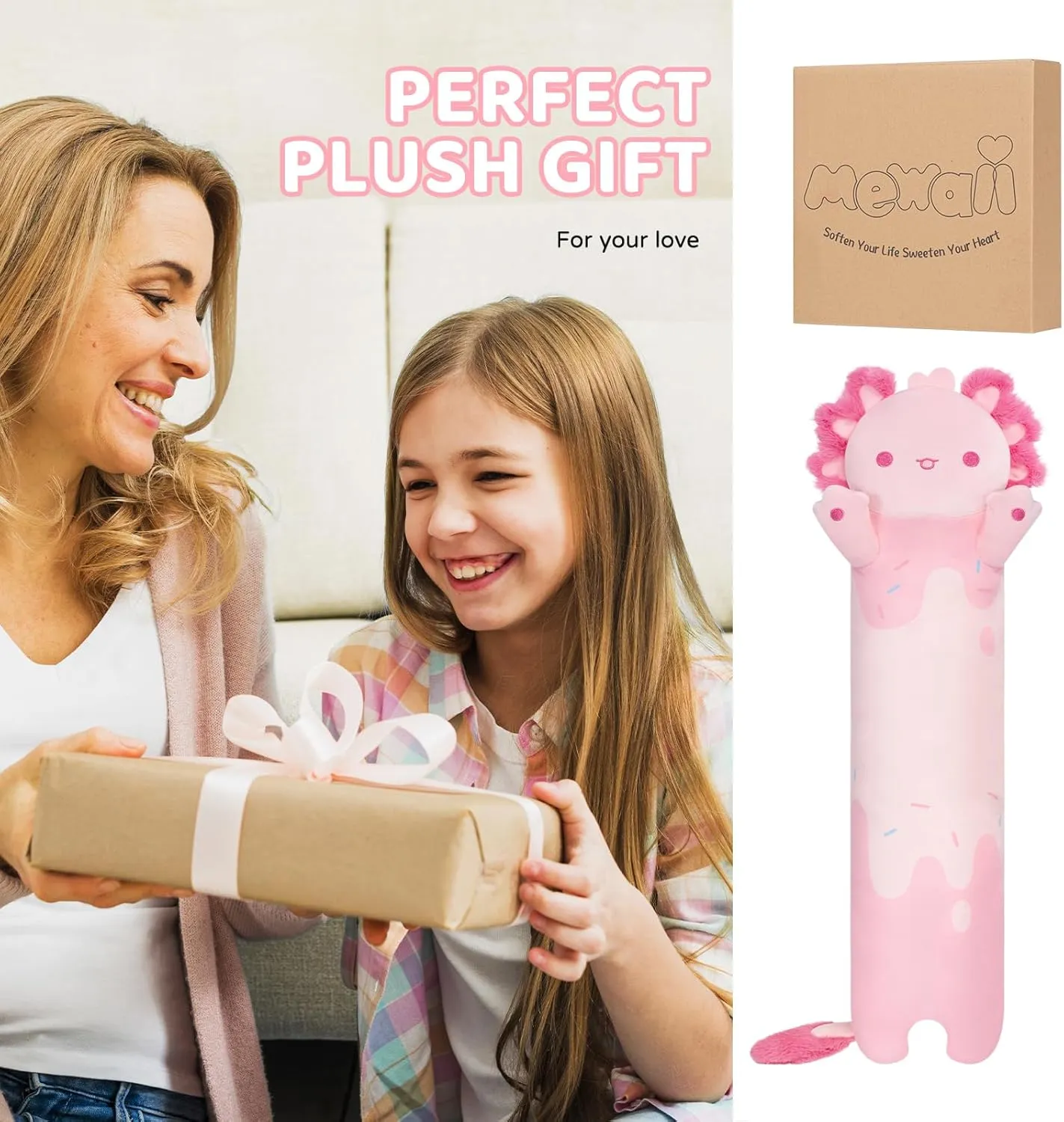 Long Axolotl Plush 5 Sizes, 120% Extra Filling Giant Plushness Kids Body Pillow, Kawaii Cute Pink Axolotl Stuffed Animals Plushies, Big Long Body Pillow Cat Plush Gift for Girls 20”