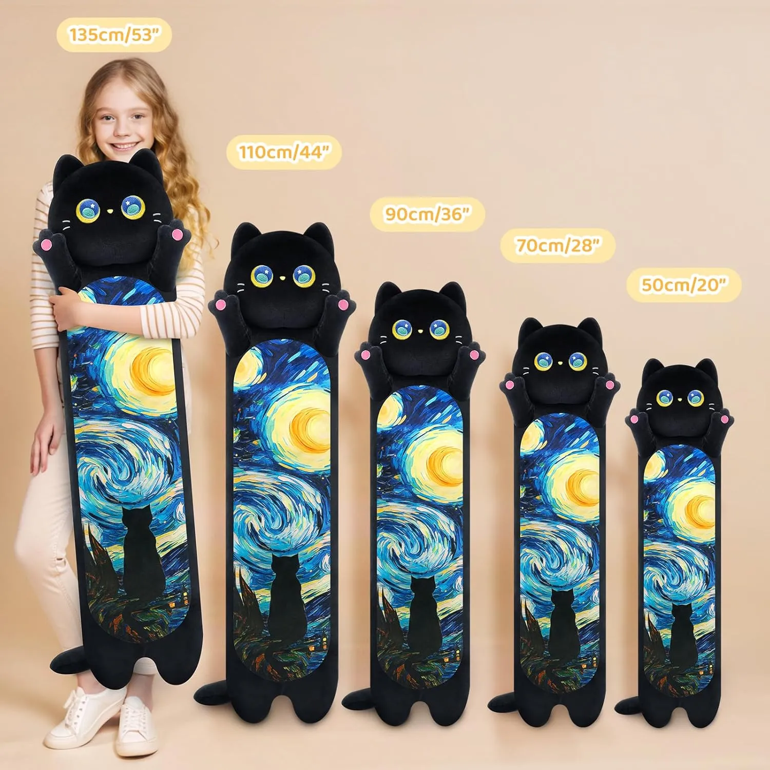 Long Cat Plush Kawaii Kids Plush Toy Pillows, Cute Black Cat Stuffed Animals Soft Plushies, Kitten Big Plush Toys Throw Body Pillow Doll Gift for Girls Boys (Black Starry Cat 20 Inch)