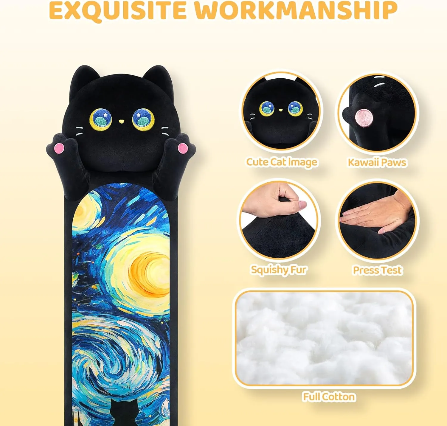 Long Cat Plush Kawaii Kids Plush Toy Pillows, Cute Black Cat Stuffed Animals Soft Plushies, Kitten Big Plush Toys Throw Body Pillow Doll Gift for Girls Boys (Black Starry Cat 20 Inch)