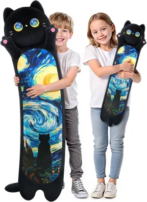 Long Cat Plush Kawaii Kids Plush Toy Pillows, Cute Black Cat Stuffed Animals Soft Plushies, Kitten Big Plush Toys Throw Body Pillow Doll Gift for Girls Boys (Black Starry Cat 20 Inch)