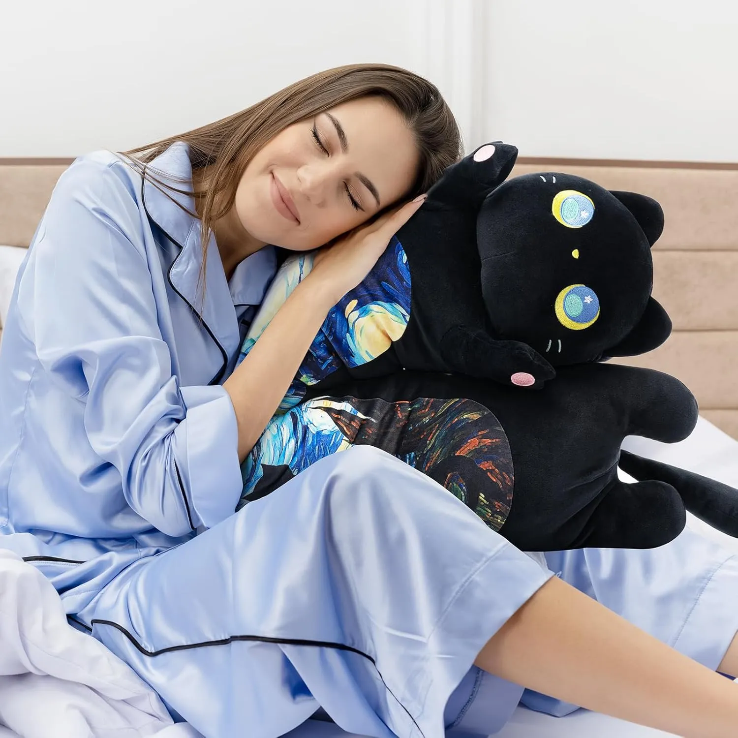 Long Cat Plush Kawaii Kids Plush Toy Pillows, Cute Black Cat Stuffed Animals Soft Plushies, Kitten Big Plush Toys Throw Body Pillow Doll Gift for Girls Boys (Black Starry Cat 20 Inch)