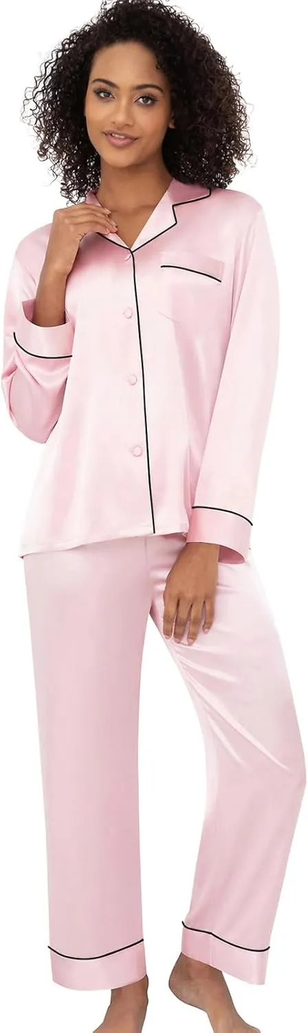 Lonxu Silk Satin Womens Pajama Sets Button Down Sleepwear Loungewear XS~3XL