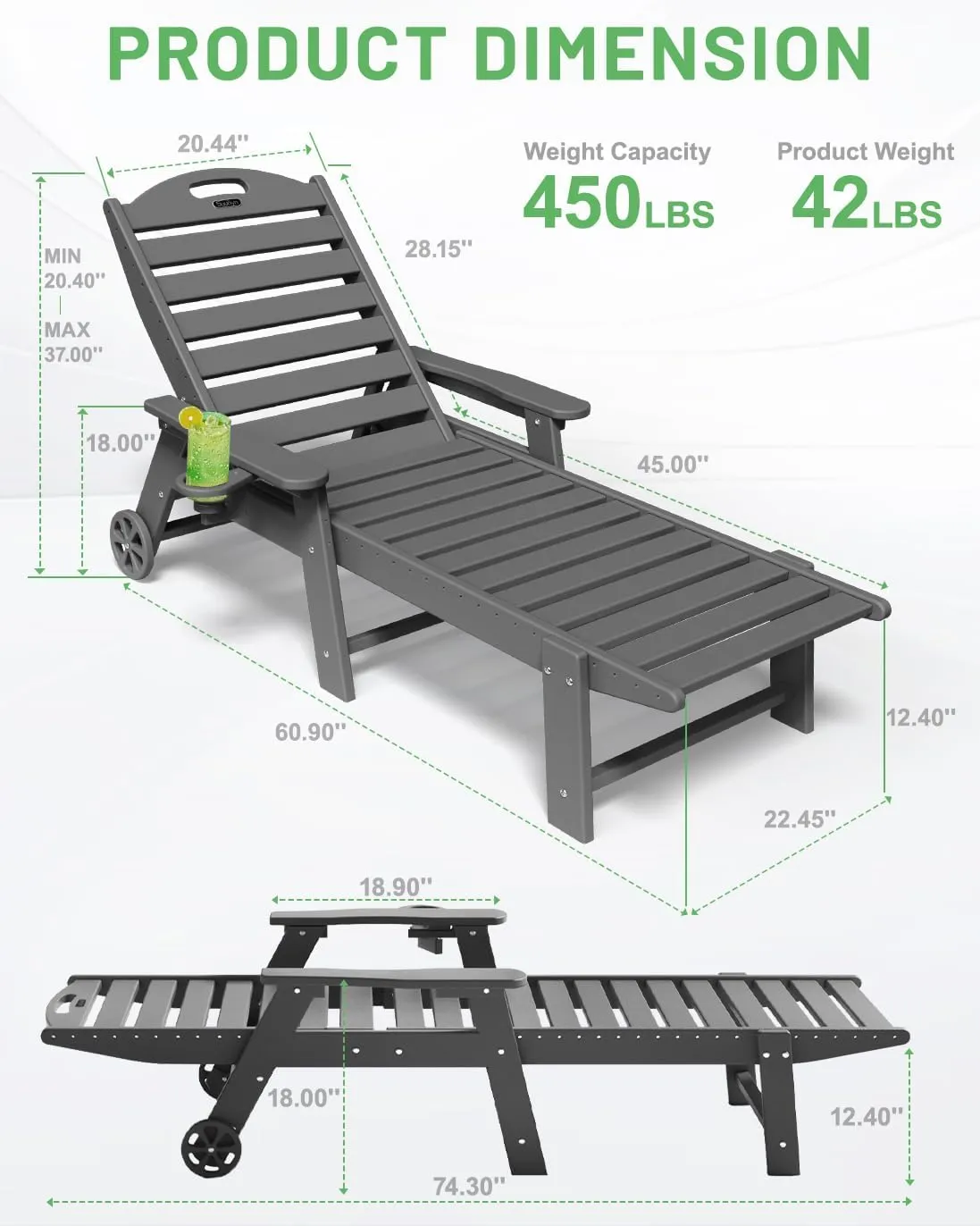 Lounge Chair Outdoor, Chaise Lounge Chair Outdoor, HDPE 6-Position Lounge Chair for Outside, Patio Lounge Chair with Wheels & Cup Holder for Pool Poolside Deck Backyard, Grey