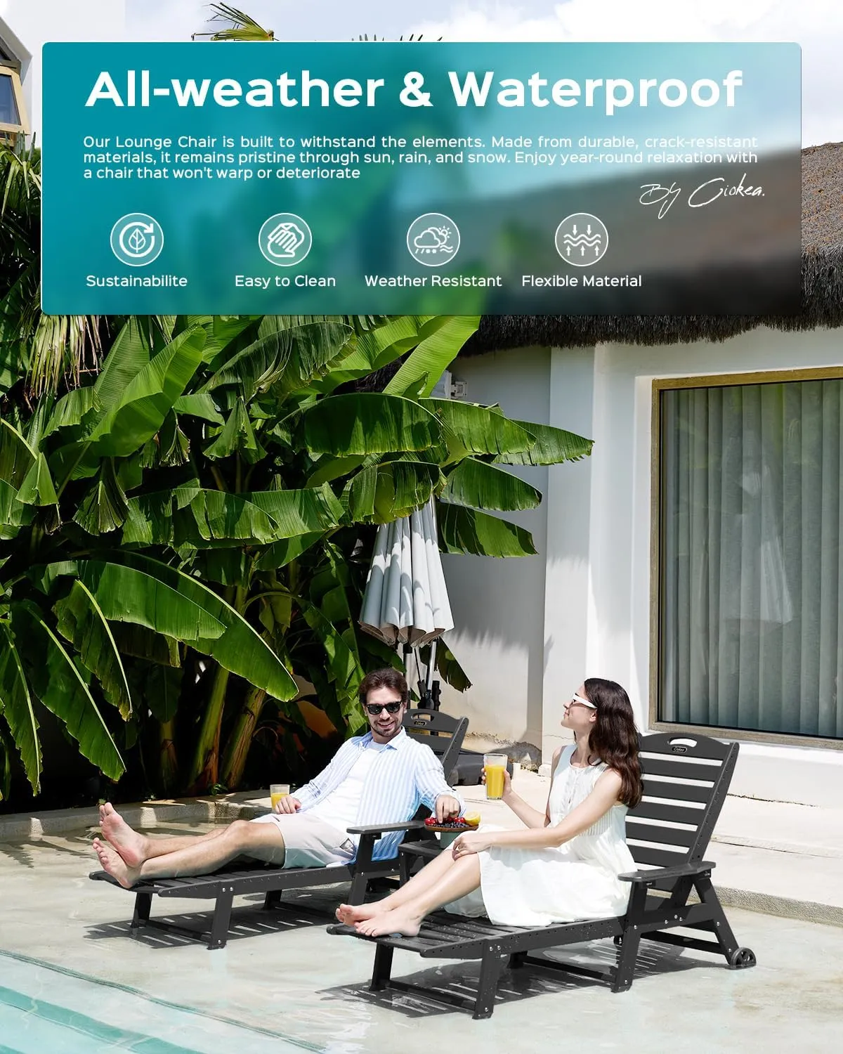Lounge Chair Outdoor, Oversized Chaise Lounge Chair with 5 Positions, HDPE, Patio Lounge Chair with Wheels & Cup Holder for Pool, Deck, Poolside, Black