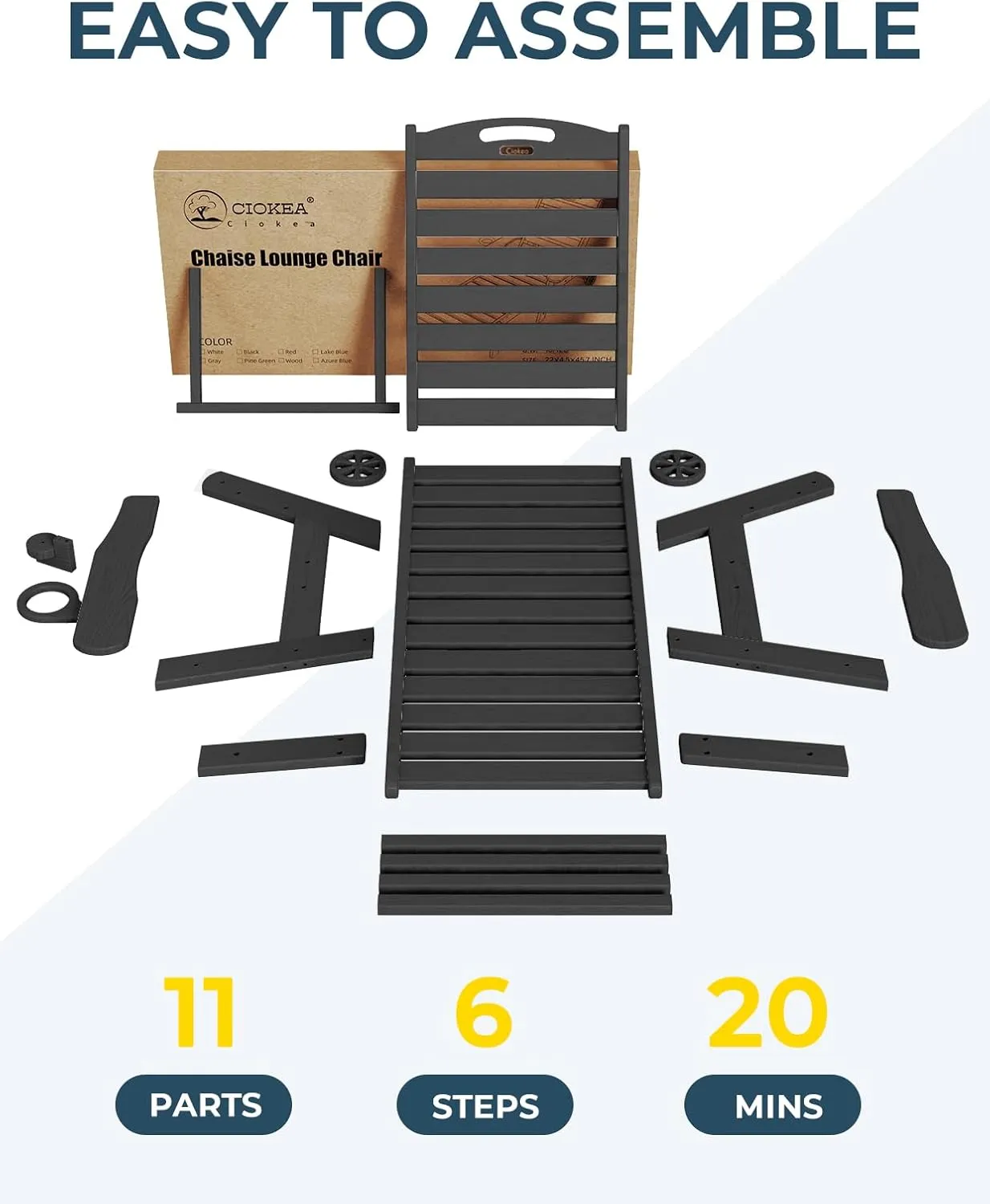 Lounge Chair Outdoor, Oversized Chaise Lounge Chair with 5 Positions, HDPE, Patio Lounge Chair with Wheels & Cup Holder for Pool, Deck, Poolside, Black