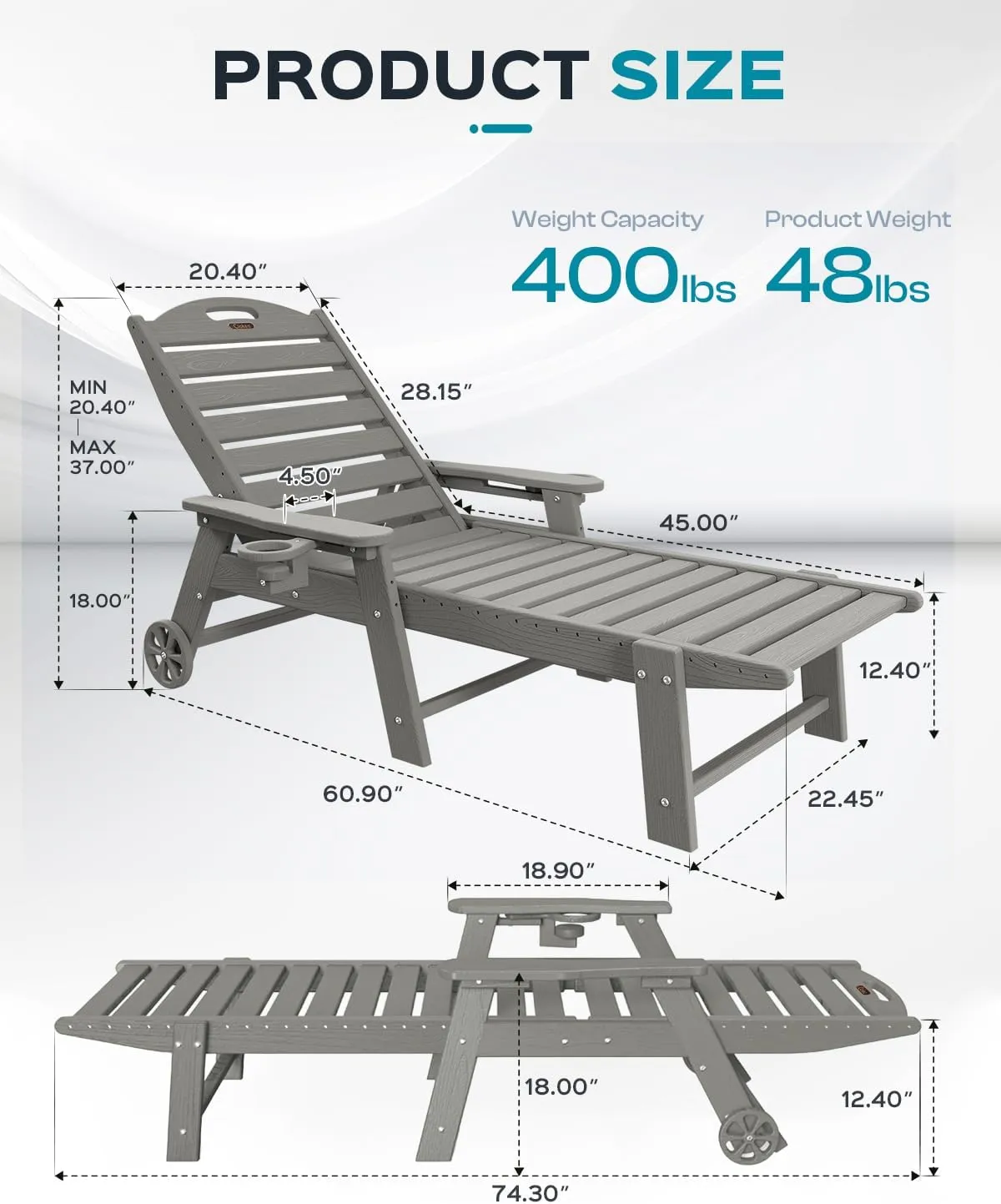 Lounge Chair Outdoor, Oversized Chaise Lounge Chair with 5 Positions, HDPE, Patio Lounge Chair with Wheels & Cup Holder for Pool, Deck, Poolside, Grey