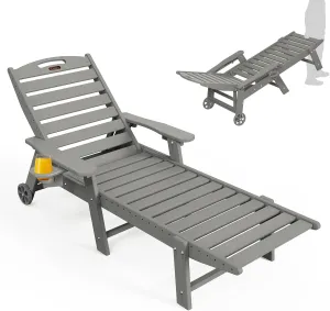 Lounge Chair Outdoor, Oversized Chaise Lounge Chair with 5 Positions, HDPE, Patio Lounge Chair with Wheels & Cup Holder for Pool, Deck, Poolside, Grey