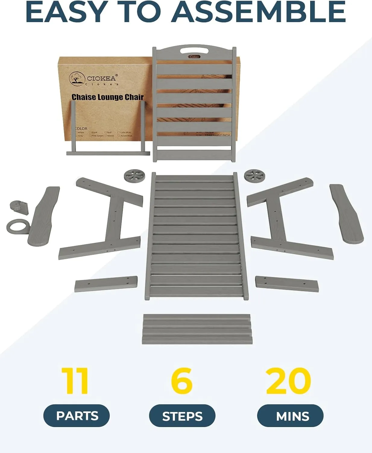 Lounge Chair Outdoor, Oversized Chaise Lounge Chair with 5 Positions, HDPE, Patio Lounge Chair with Wheels & Cup Holder for Pool, Deck, Poolside, Grey