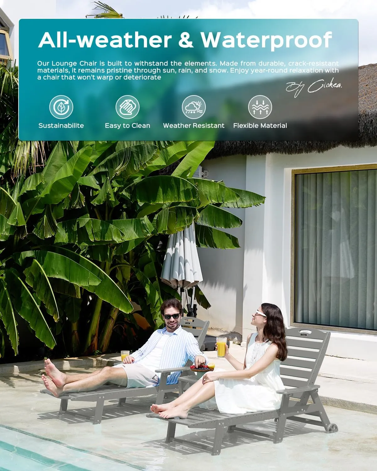 Lounge Chair Outdoor, Oversized Chaise Lounge Chair with 5 Positions, HDPE, Patio Lounge Chair with Wheels & Cup Holder for Pool, Deck, Poolside, Grey