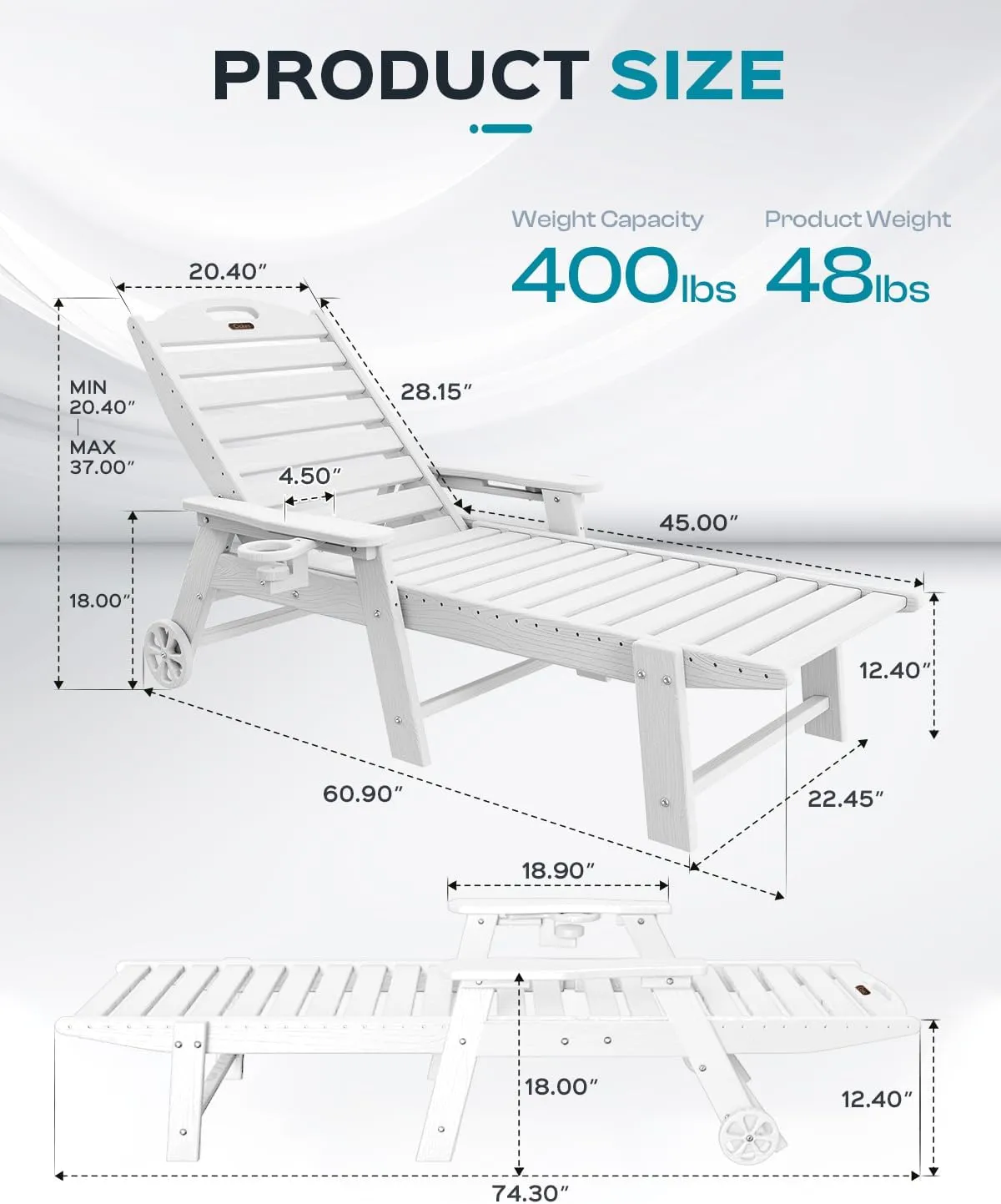 Lounge Chair Outdoor, Oversized Chaise Lounge Chair with 5 Positions, HDPE, Patio Lounge Chair with Wheels & Cup Holder for Pool, Deck, Poolside, White