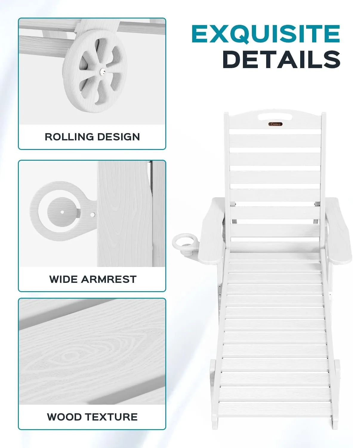 Lounge Chair Outdoor, Oversized Chaise Lounge Chair with 5 Positions, HDPE, Patio Lounge Chair with Wheels & Cup Holder for Pool, Deck, Poolside, White