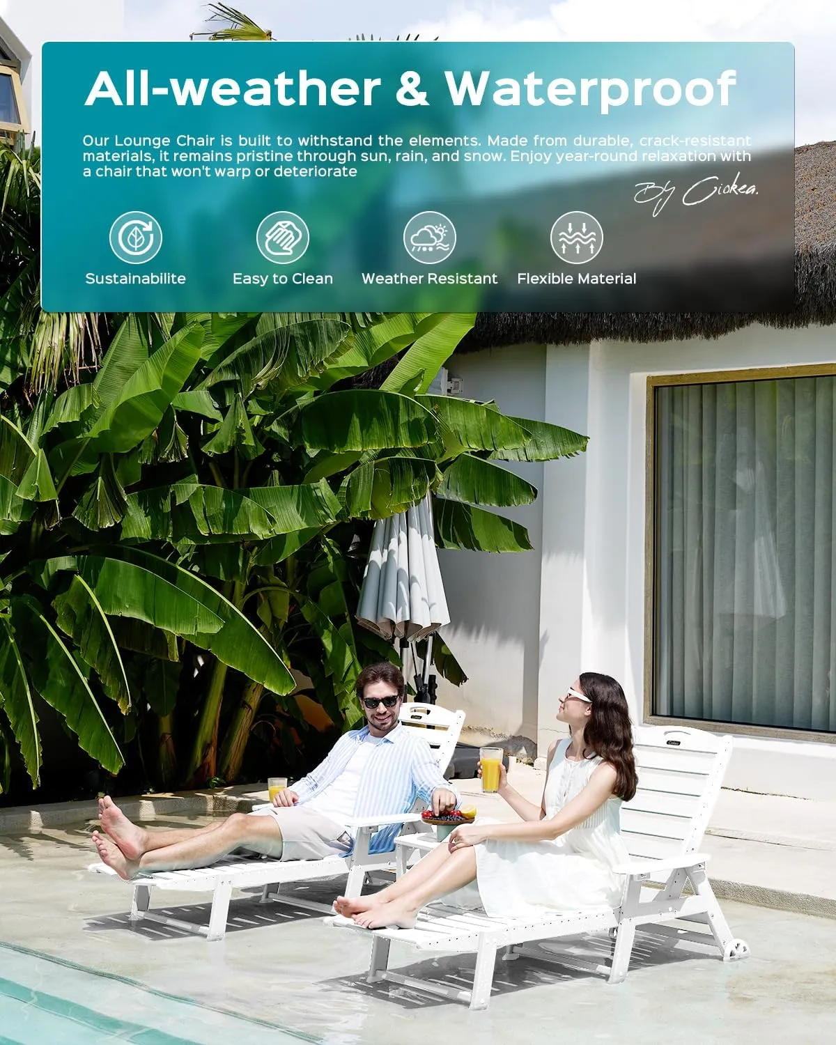 Lounge Chair Outdoor, Oversized Chaise Lounge Chair with 5 Positions, HDPE, Patio Lounge Chair with Wheels & Cup Holder for Pool, Deck, Poolside, White