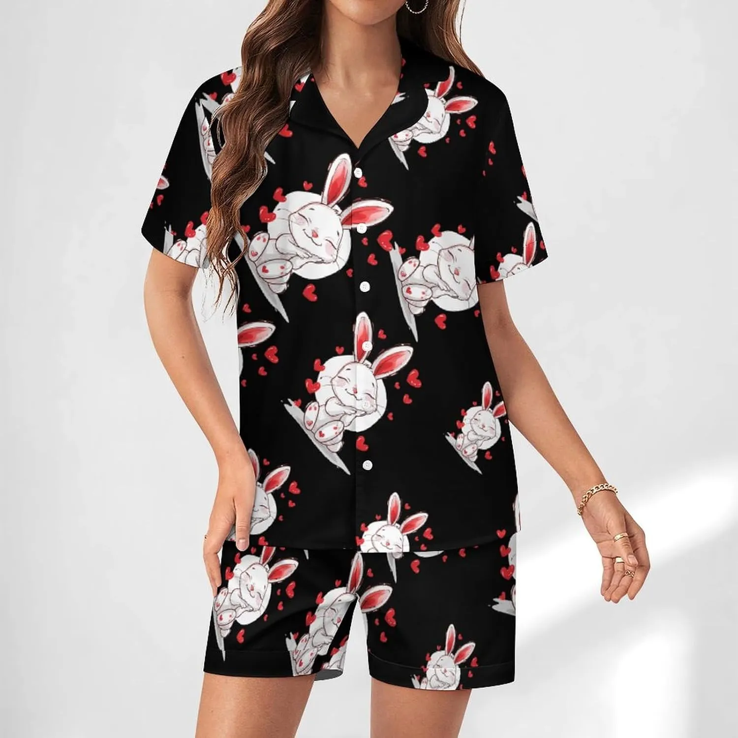 Loves Bunny Women's Satin Pajama Set Short Sleeve Button Down Sleepwear Loungewear Pj Set