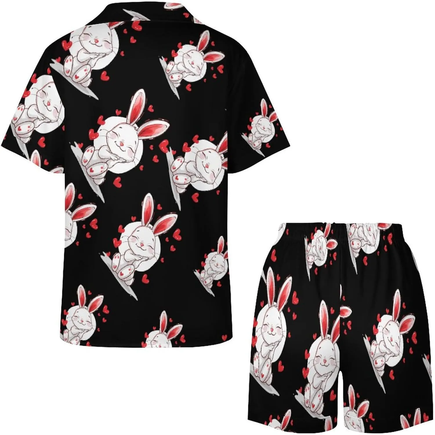 Loves Bunny Women's Satin Pajama Set Short Sleeve Button Down Sleepwear Loungewear Pj Set