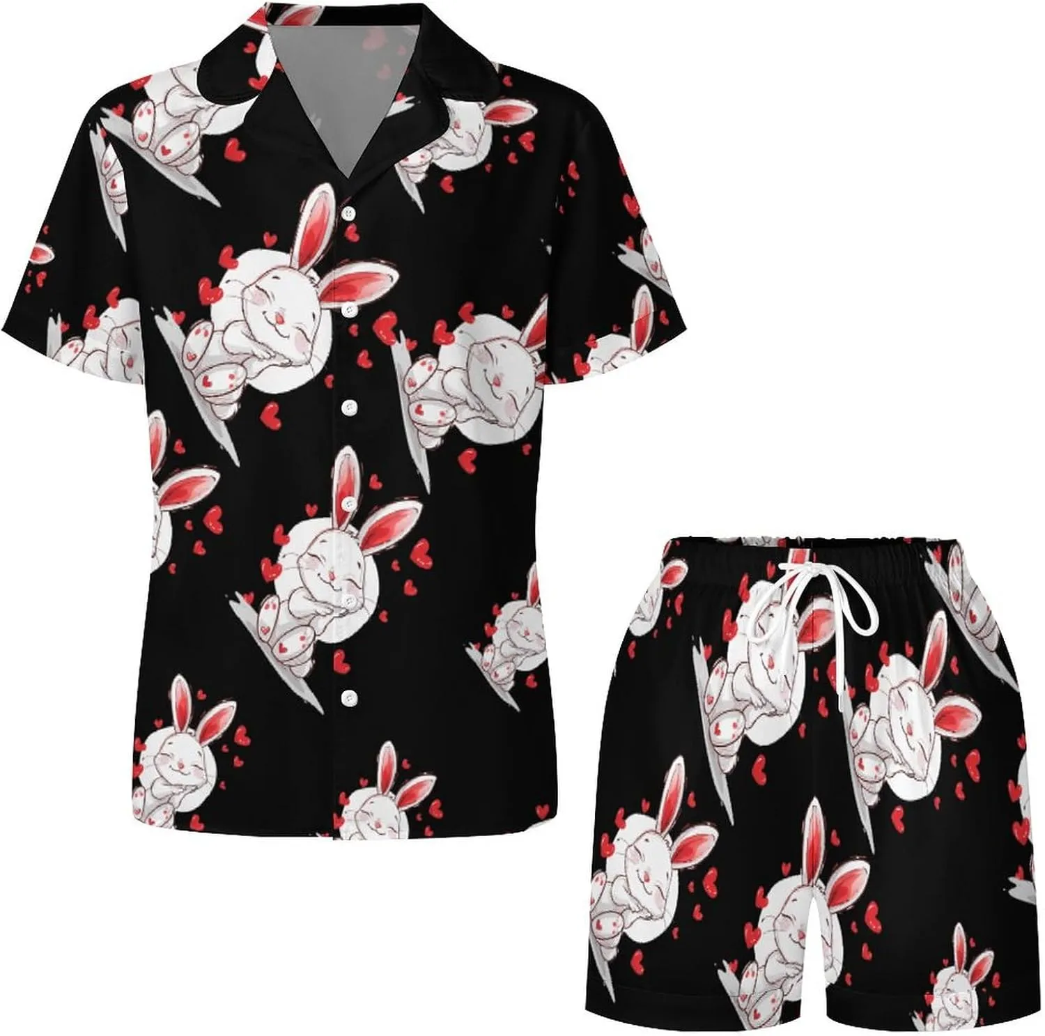 Loves Bunny Women's Satin Pajama Set Short Sleeve Button Down Sleepwear Loungewear Pj Set
