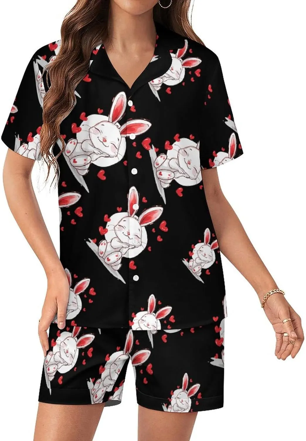 Loves Bunny Women's Satin Pajama Set Short Sleeve Button Down Sleepwear Loungewear Pj Set