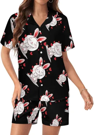 Loves Bunny Women's Satin Pajama Set Short Sleeve Button Down Sleepwear Loungewear Pj Set