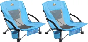 Low Back Camping Chair 2 Pack Support 300 LBS Carry Bag Included,Low Profile Folding Outdoor Chair,Camp Beach Chairs Set,with Phone Bag,Cooler Pocket,Cup Holder for Kids(2 Pcs Blue)