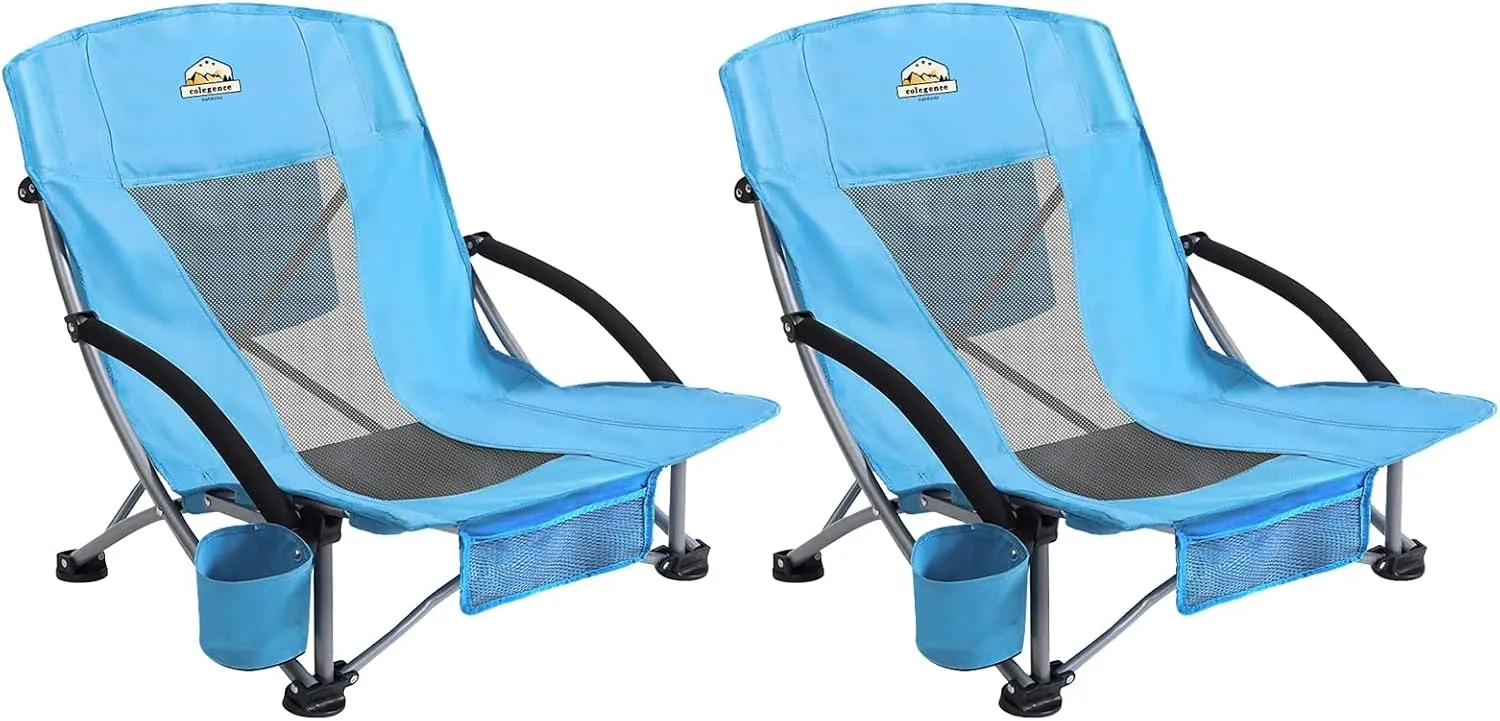 Low Back Camping Chair 2 Pack Support 300 LBS Carry Bag Included,Low Profile Folding Outdoor Chair,Camp Beach Chairs Set,with Phone Bag,Cooler Pocket,Cup Holder for Kids(2 Pcs Blue)