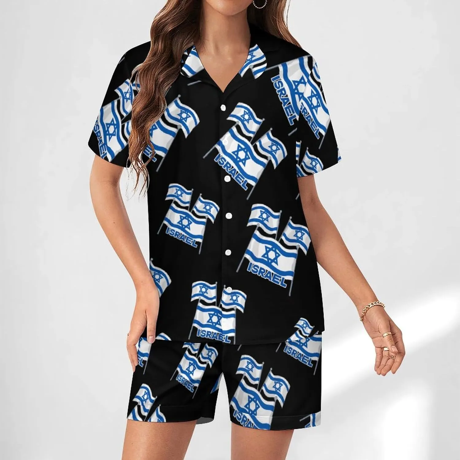 Lsrael Flags Women's Satin Pajama Set Short Sleeve Button Down Sleepwear Loungewear Pj Set