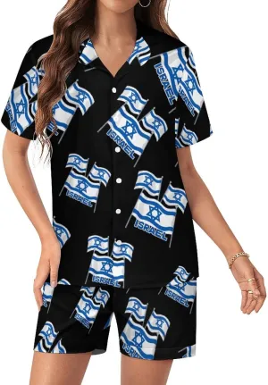 Lsrael Flags Women's Satin Pajama Set Short Sleeve Button Down Sleepwear Loungewear Pj Set