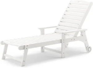 LUE BONA Outdoor Chaise Lounge, HDPS Material, 3-Year Warranty, Patio Lounge Chair with Adjustable Backrest, Resin Pool Lounge Chairs with Wheels for Outside, Poolside, Beach, Backyard, Garden, White