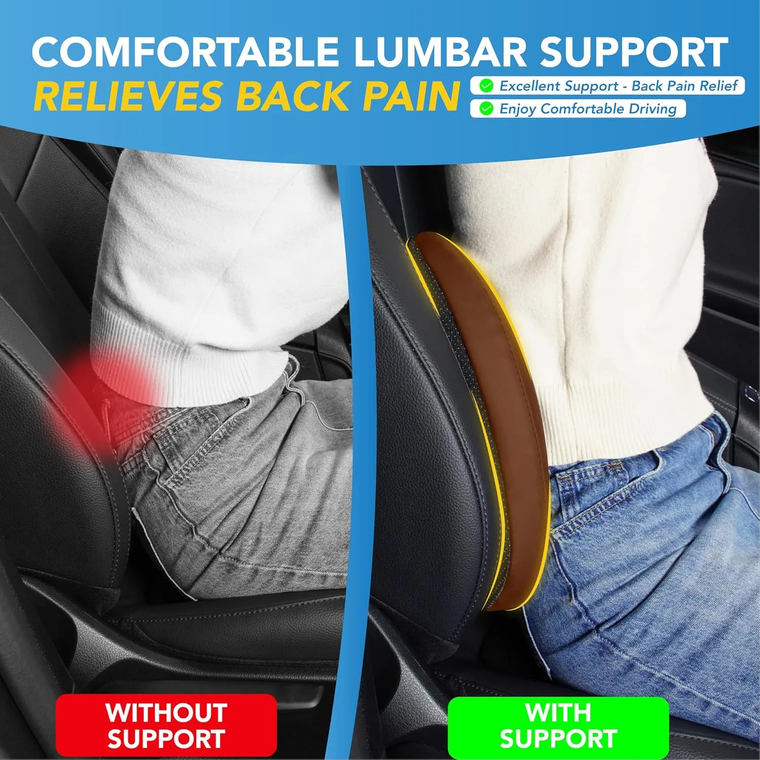 Lumbar Support Pillow for Car, Memory Foam Lumbar Pillow for Lower Back Pain Relief - Back Cushion for Driving, Chair Support for Car-Office Chair, Wheelchair - Classic Brown