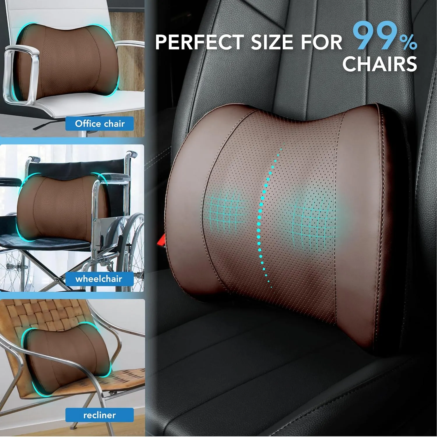 Lumbar Support Pillow for Car, Memory Foam Lumbar Pillow for Lower Back Pain Relief - Back Cushion for Driving, Chair Support for Car-Office Chair, Wheelchair - Classic Brown