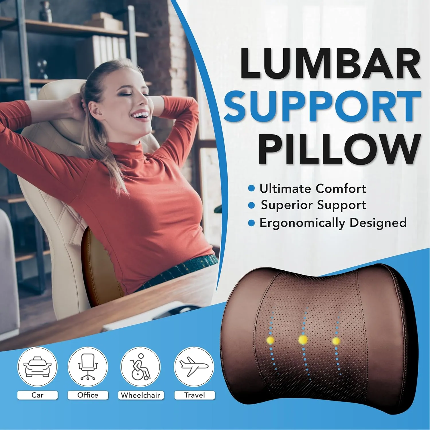 Lumbar Support Pillow for Car, Memory Foam Lumbar Pillow for Lower Back Pain Relief - Back Cushion for Driving, Chair Support for Car-Office Chair, Wheelchair - Classic Brown
