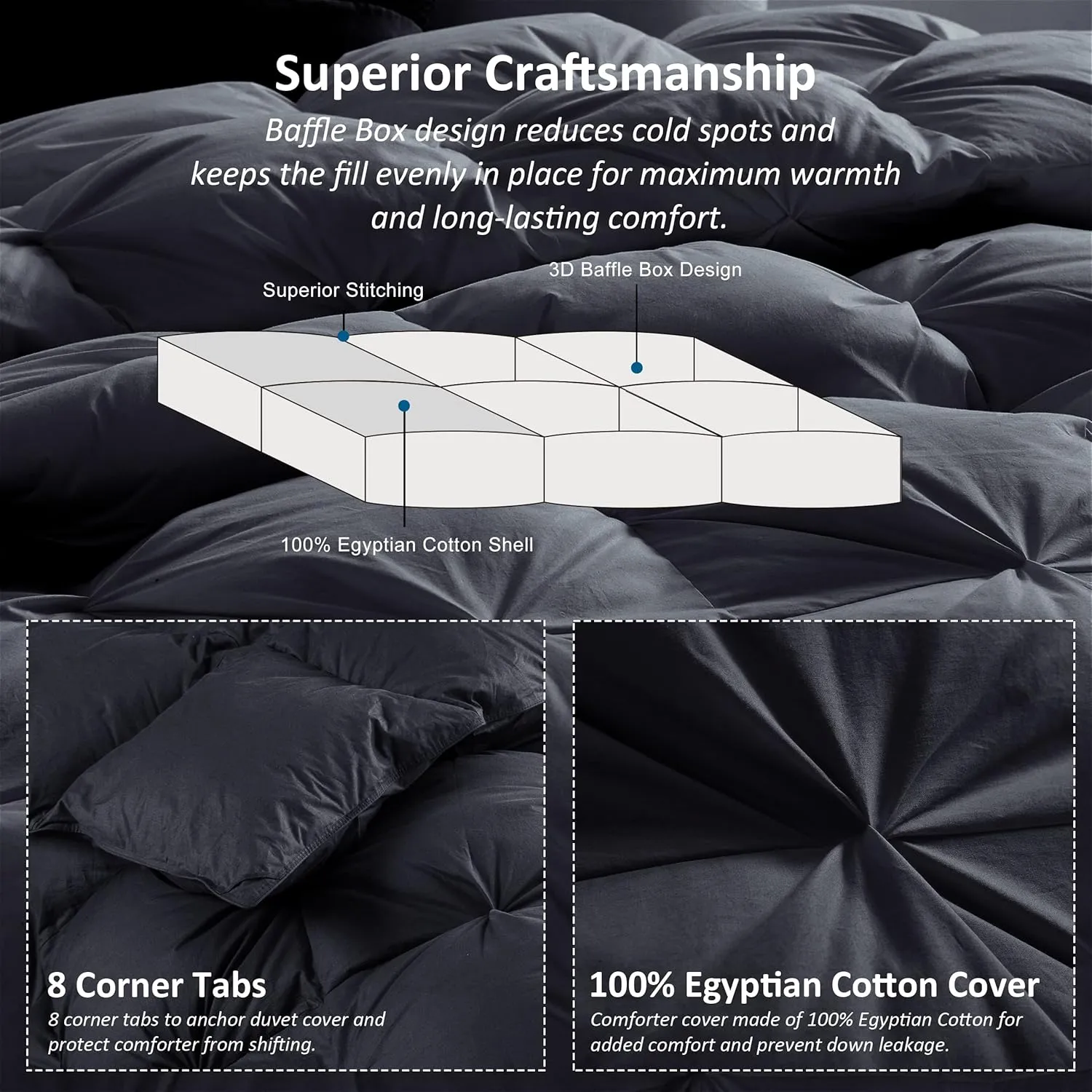 Luxurious All-Season Goose Down Feather Fiber Comforter King Size Duvet Insert, Exquisite Black Pinch Pleat Design, Premium Baffle Box, 100% Egyptian Cotton Cover, 70 oz. Fill Weight, Black