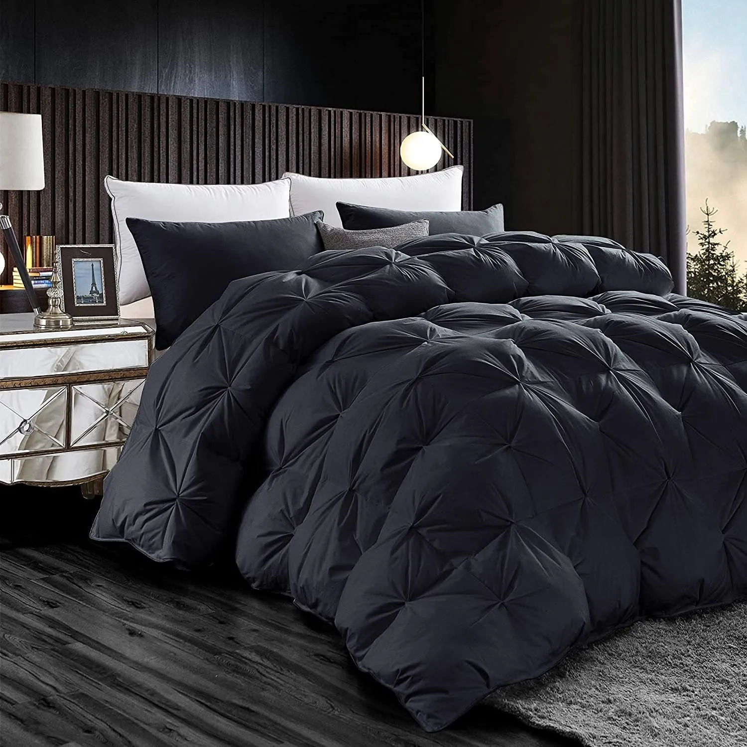Luxurious All-Season Goose Down Feather Fiber Comforter King Size Duvet Insert, Exquisite Black Pinch Pleat Design, Premium Baffle Box, 100% Egyptian Cotton Cover, 70 oz. Fill Weight, Black