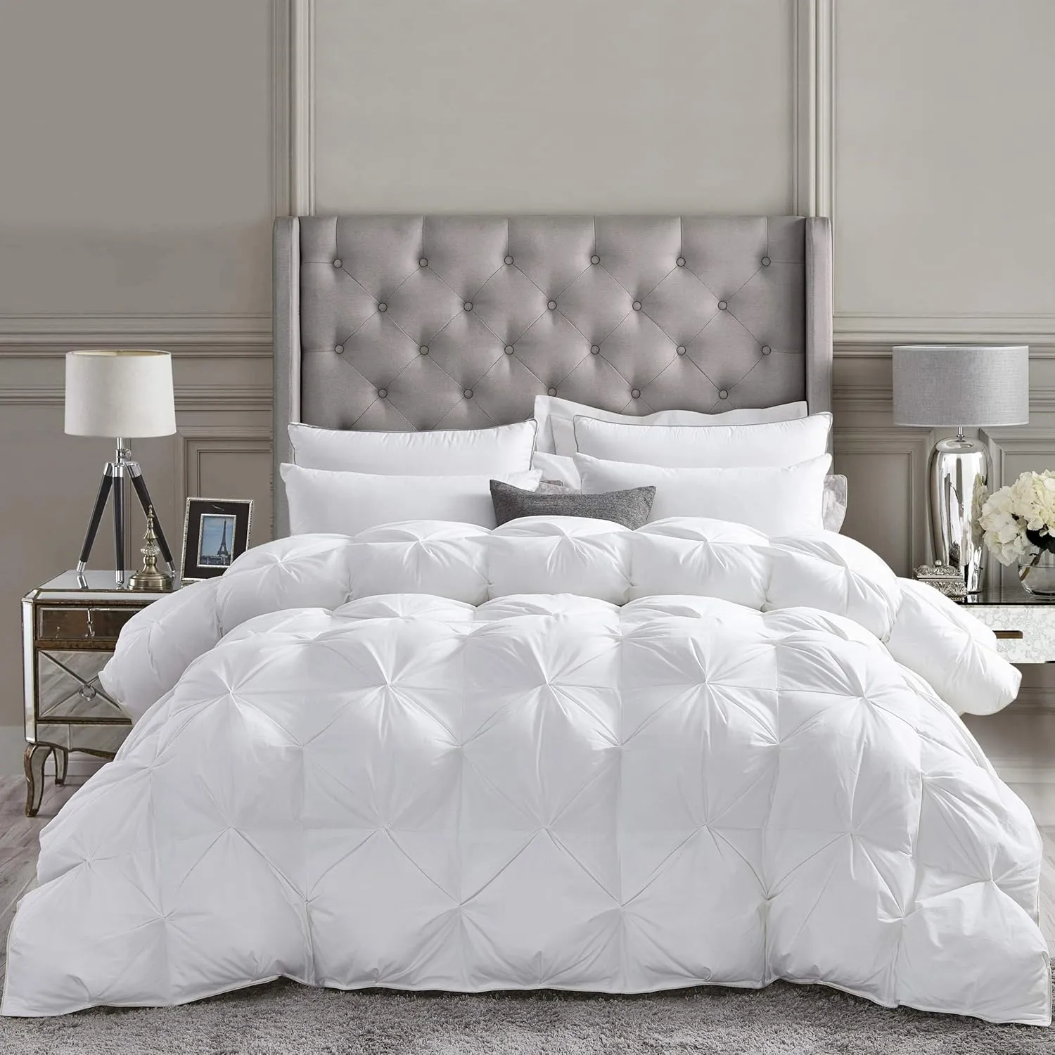 Luxurious All-Season Goose Down Fiber Waterfowl Feather Fiber Comforter King Size Duvet Insert, Exquisite Pinch Pleat Design, Premium Baffle Box, 100% Cotton Cover, 65 oz. Fill Weight, White Color