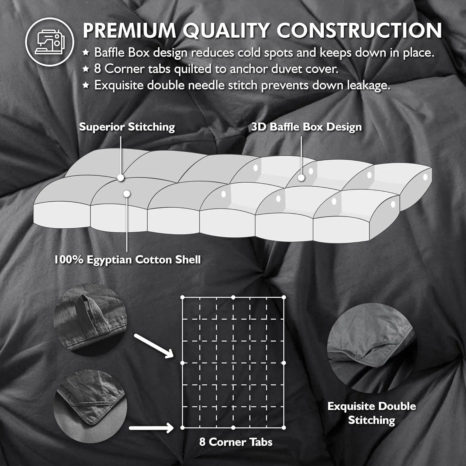 Luxurious Goose Down Feather Fiber Comforter Oversize California King Size Duvet Insert, Pinch Pleat Ruffled Twisted Flower, 108 x 98 inches, 100% Egyptian Cotton Cover, 80 oz. Fill Weight, Gray
