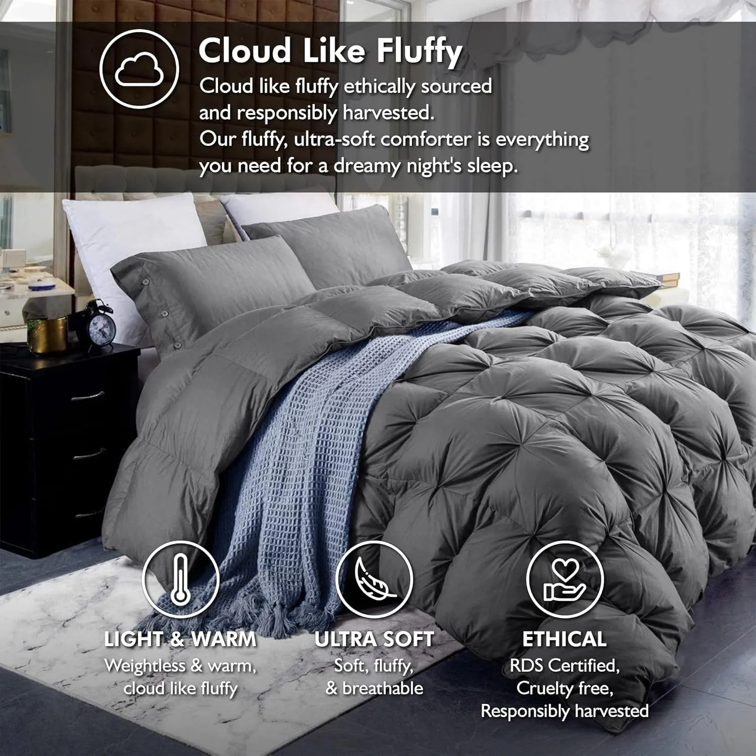 Luxurious Goose Down Feather Fiber Comforter Oversize California King Size Duvet Insert, Pinch Pleat Ruffled Twisted Flower, 108 x 98 inches, 100% Egyptian Cotton Cover, 80 oz. Fill Weight, Gray