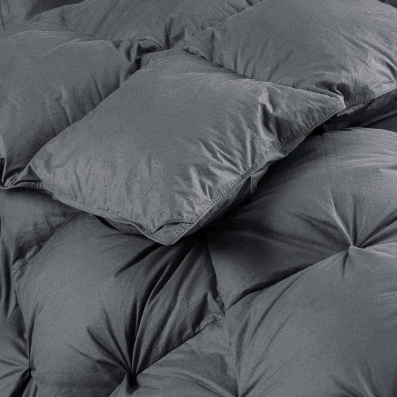 Luxurious Goose Down Feather Fiber Comforter Oversize California King Size Duvet Insert, Pinch Pleat Ruffled Twisted Flower, 108 x 98 inches, 100% Egyptian Cotton Cover, 80 oz. Fill Weight, Gray