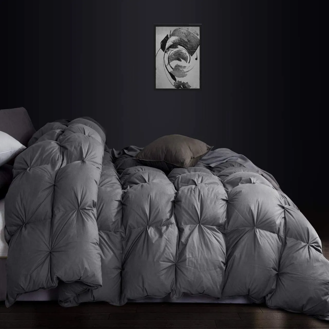 Luxurious Goose Down Feather Fiber Comforter Oversize California King Size Duvet Insert, Pinch Pleat Ruffled Twisted Flower, 108 x 98 inches, 100% Egyptian Cotton Cover, 80 oz. Fill Weight, Gray