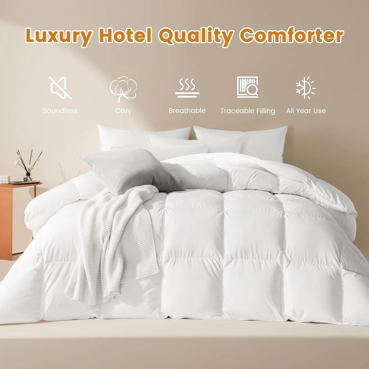 Luxury Goose Feathers Down Comforter Oversized King Size,All Season Fluffy Duvet Insert,750 Fill Power Hotel Quality Bed Comforter with 8 Tabs(White,120x98 inches)