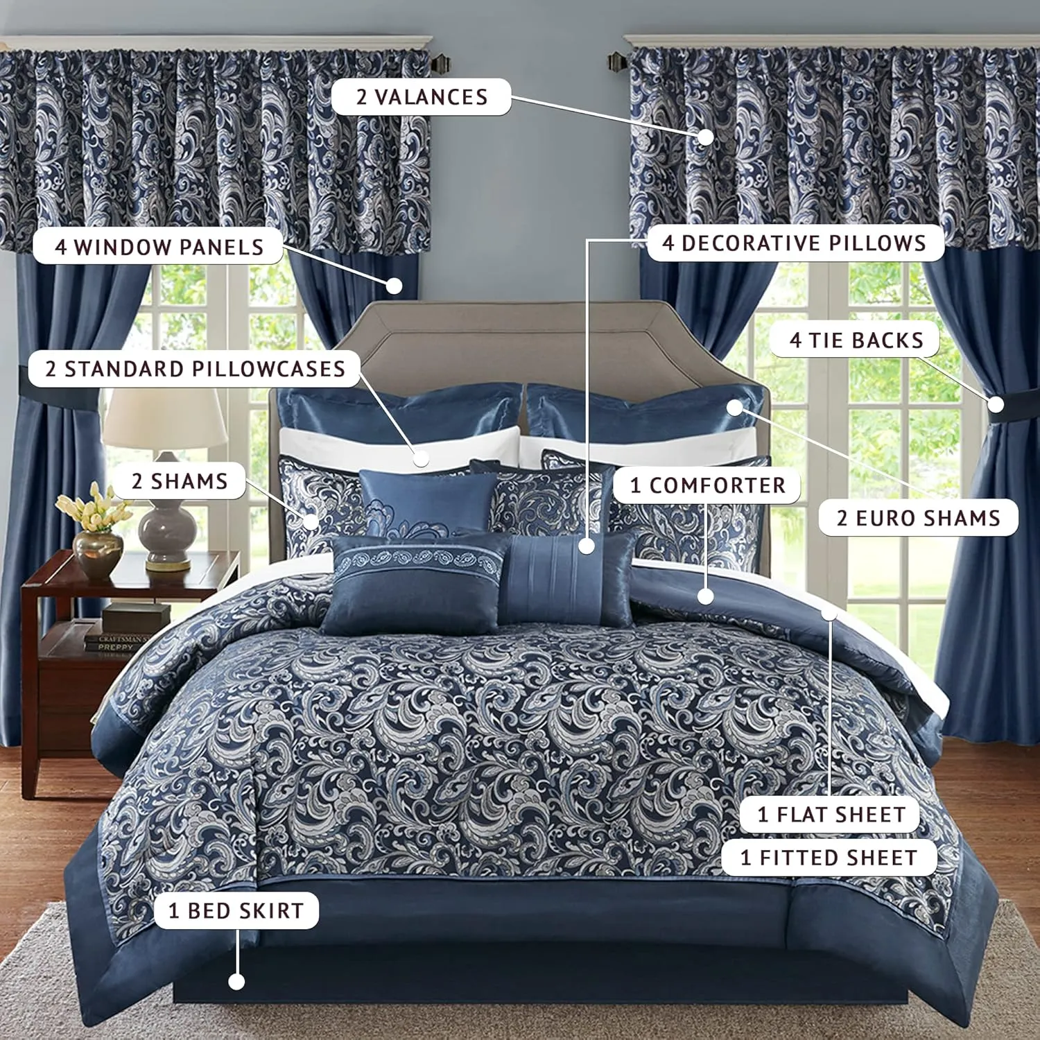 Madison Park Essentials Brystol 24 Piece Room in a Bag Faux Silk Comforter Jacquard Paisley Design Matching Curtains Down Alternative All Season Bedding-Set, King(104 in x 92 in), Navy 24 Piece