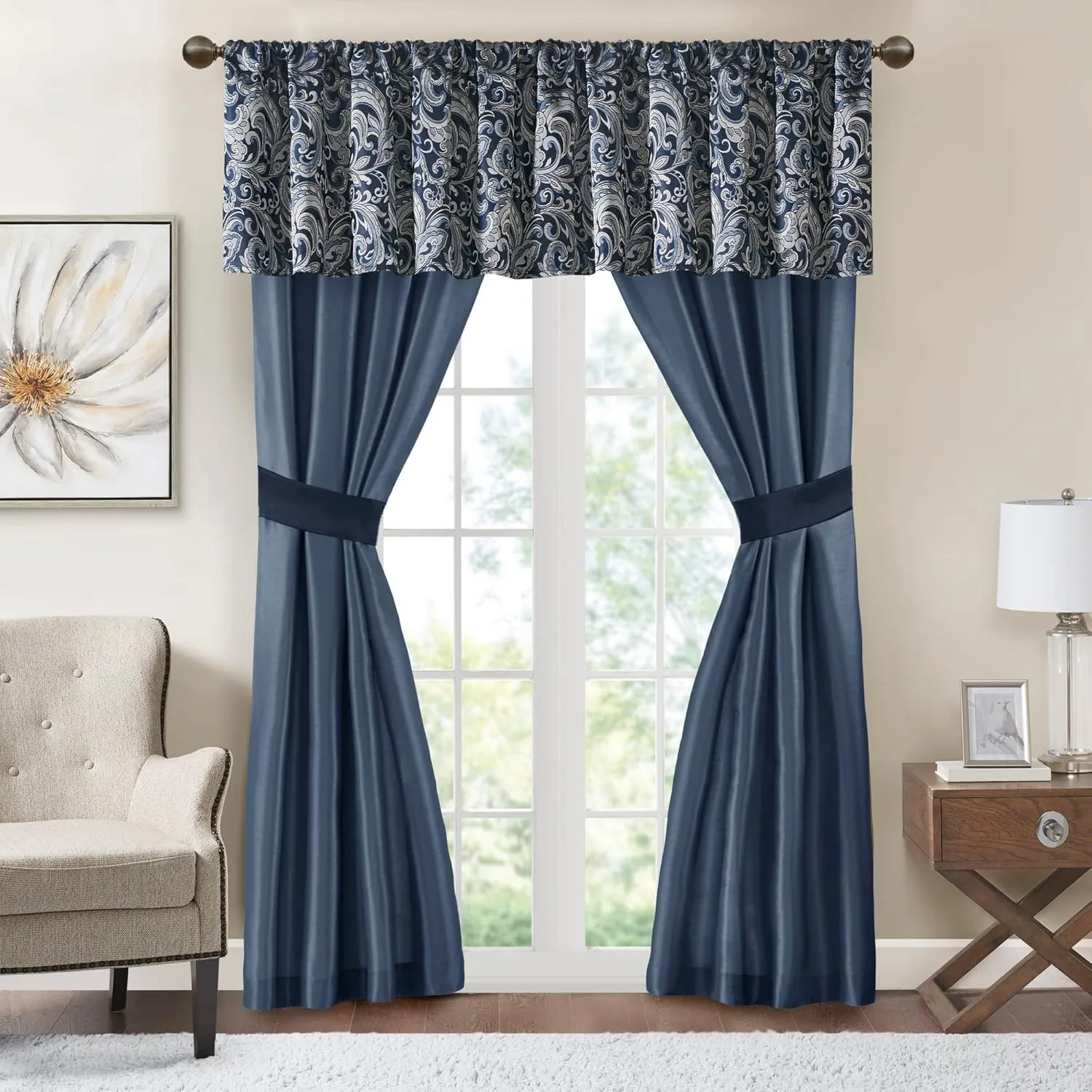 Madison Park Essentials Brystol 24 Piece Room in a Bag Faux Silk Comforter Jacquard Paisley Design Matching Curtains Down Alternative All Season Bedding-Set, King(104 in x 92 in), Navy 24 Piece