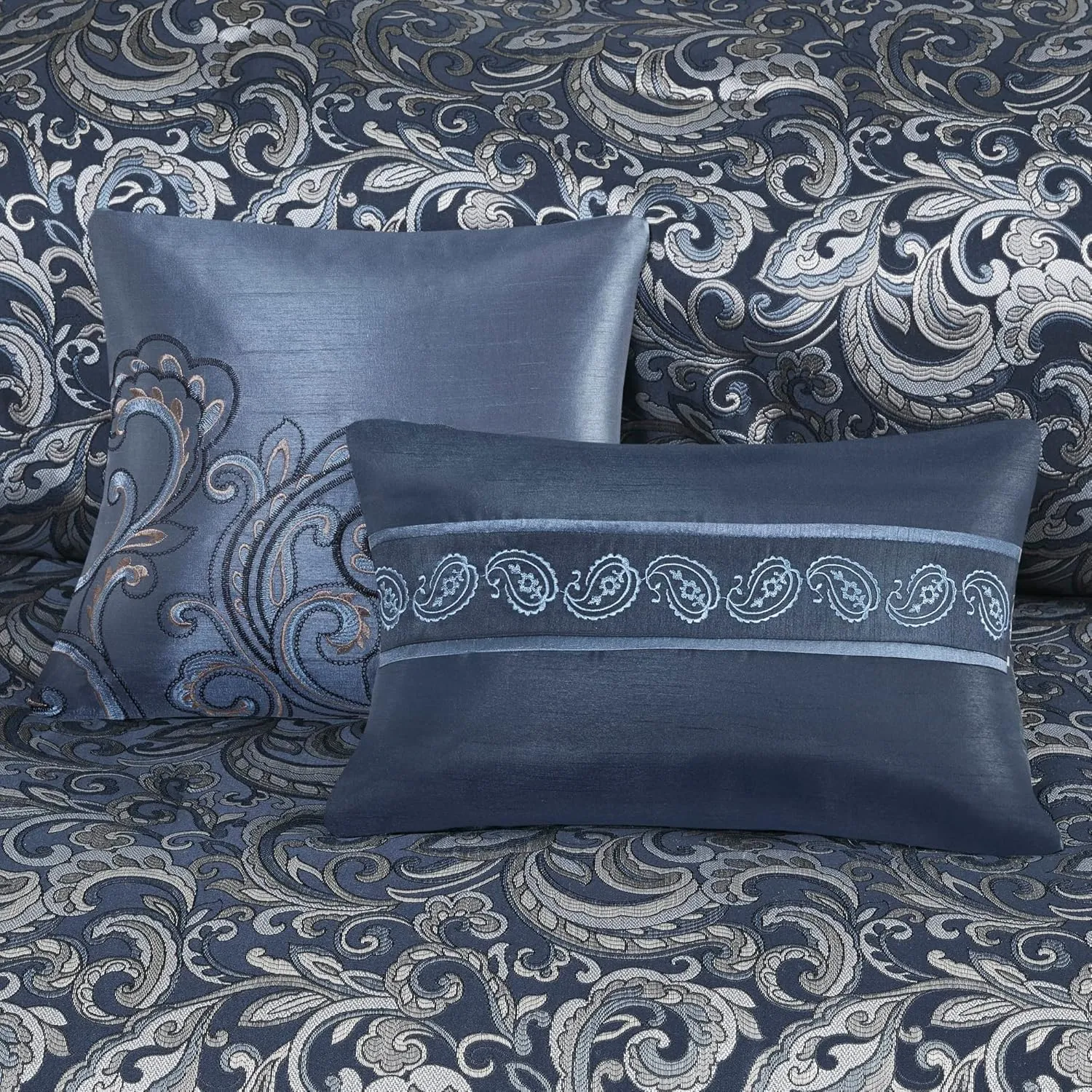 Madison Park Essentials Brystol 24 Piece Room in a Bag Faux Silk Comforter Jacquard Paisley Design Matching Curtains Down Alternative All Season Bedding-Set, King(104 in x 92 in), Navy 24 Piece