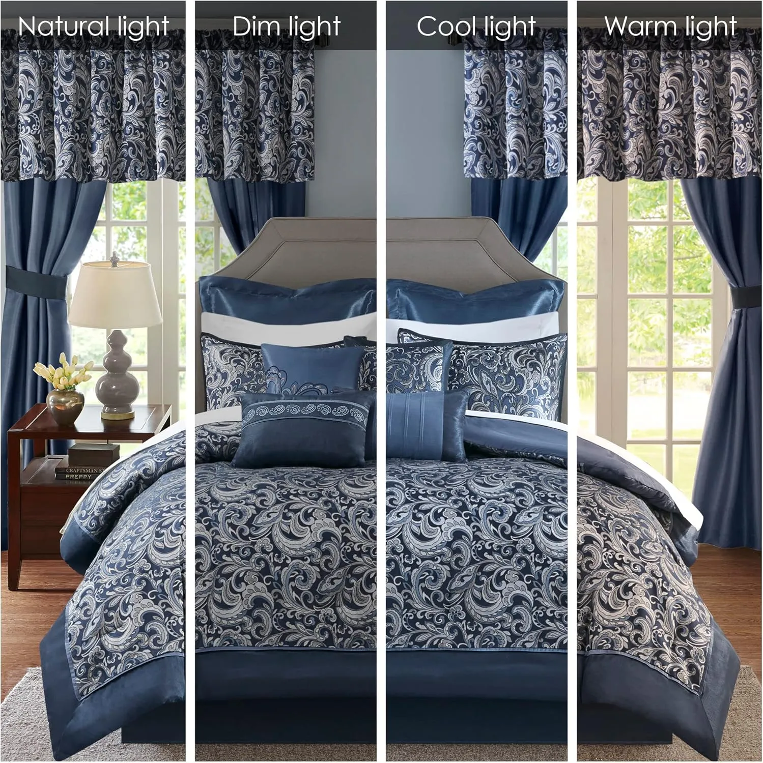 Madison Park Essentials Brystol 24 Piece Room in a Bag Faux Silk Comforter Jacquard Paisley Design Matching Curtains Down Alternative All Season Bedding-Set, King(104 in x 92 in), Navy 24 Piece