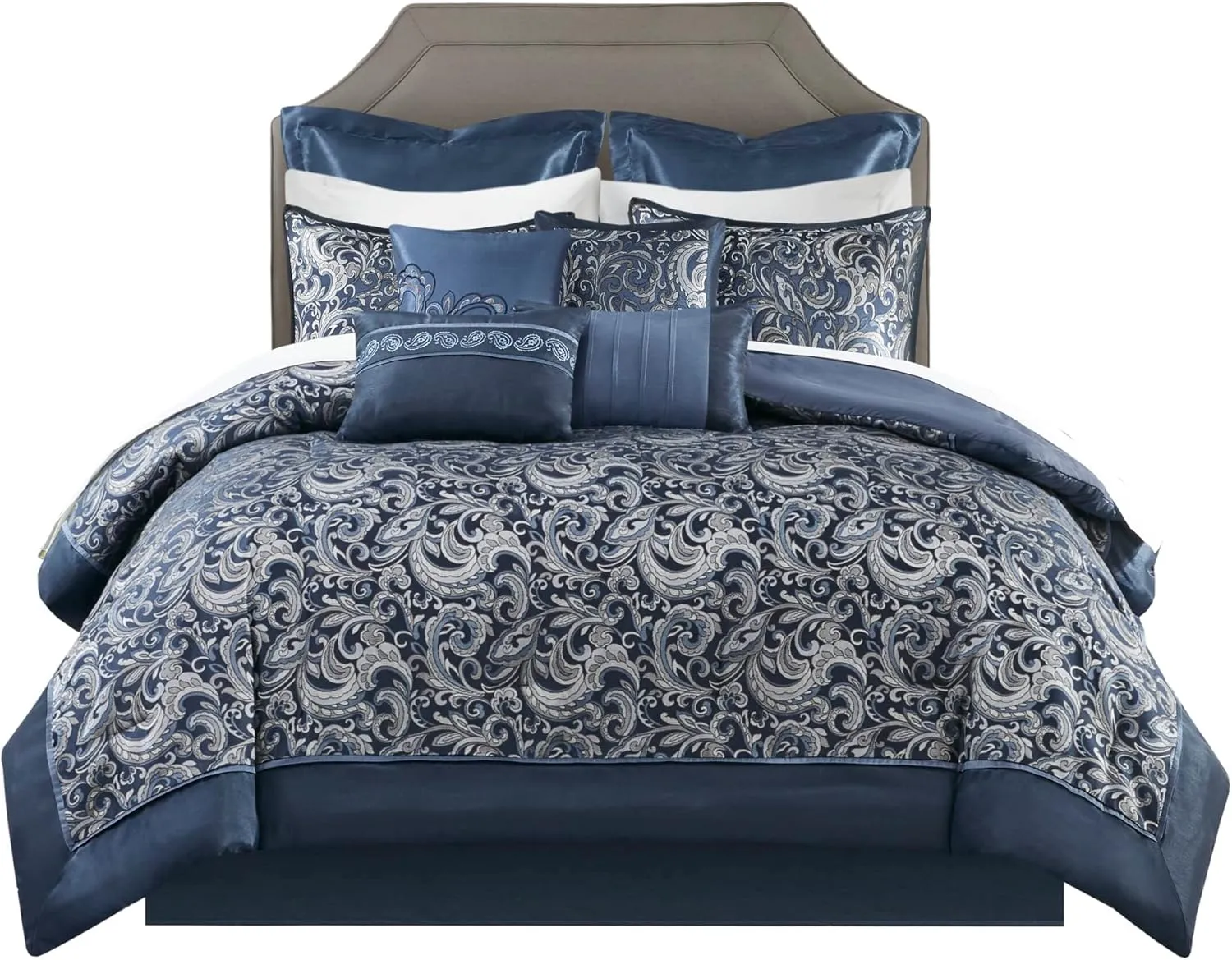 Madison Park Essentials Brystol 24 Piece Room in a Bag Faux Silk Comforter Jacquard Paisley Design Matching Curtains Down Alternative All Season Bedding-Set, King(104 in x 92 in), Navy 24 Piece