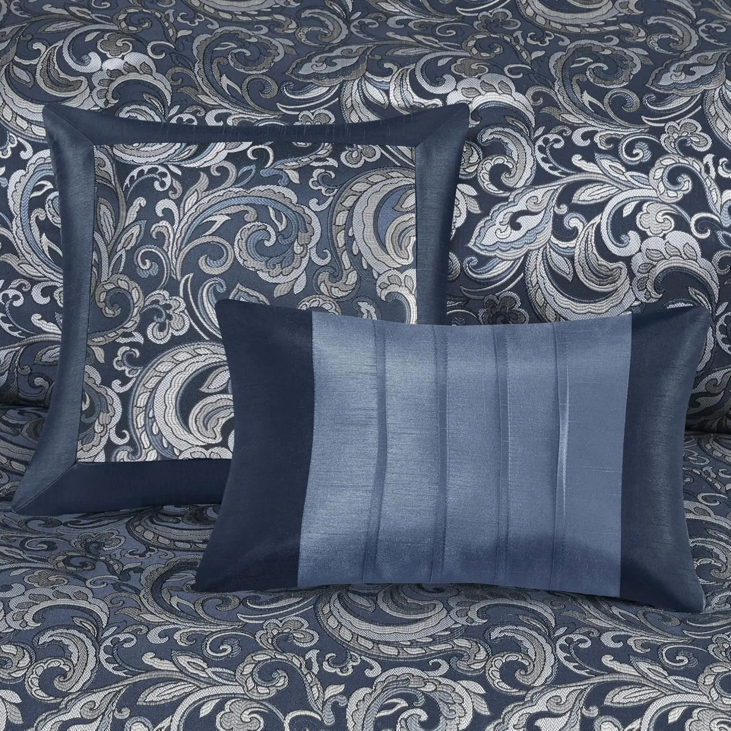 Madison Park Essentials Brystol 24 Piece Room in a Bag Faux Silk Comforter Jacquard Paisley Design Matching Curtains Down Alternative All Season Bedding-Set, King(104 in x 92 in), Navy 24 Piece