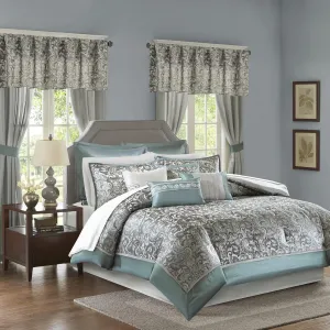 Madison Park Essentials Brystol 24 Piece Room in a Bag Faux Silk Comforter Jacquard Paisley Design Matching Curtains - Down Alternative Hypoallergenic All Season Bedding-Set, Queen, Teal