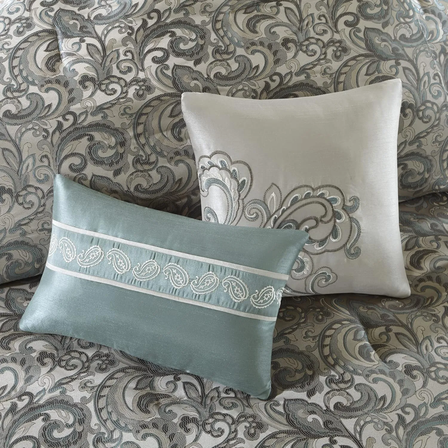 Madison Park Essentials Brystol 24 Piece Room in a Bag Faux Silk Comforter Jacquard Paisley Design Matching Curtains - Down Alternative Hypoallergenic All Season Bedding-Set, Queen, Teal